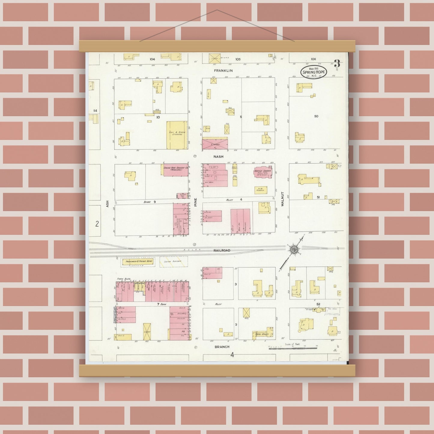 Old map wall art mockup — magnetic wood frame on brick wall — Sanborn Fire Insurance Map from Spring Hope, Nash County, North Carolina (1911), Sheet #0003