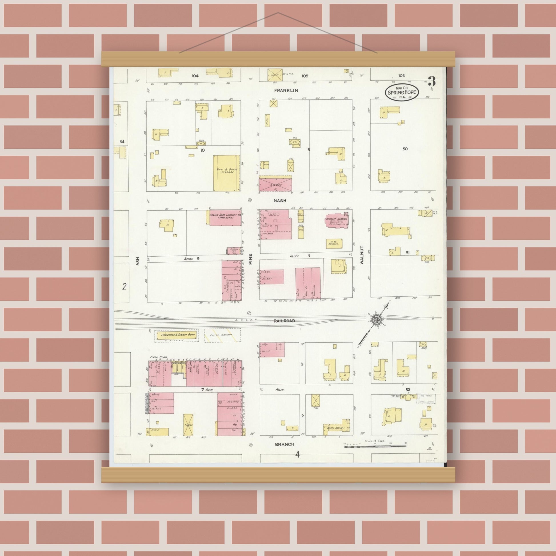 Old map wall art mockup — magnetic wood frame on brick wall — Sanborn Fire Insurance Map from Spring Hope, Nash County, North Carolina (1911), Sheet #0003