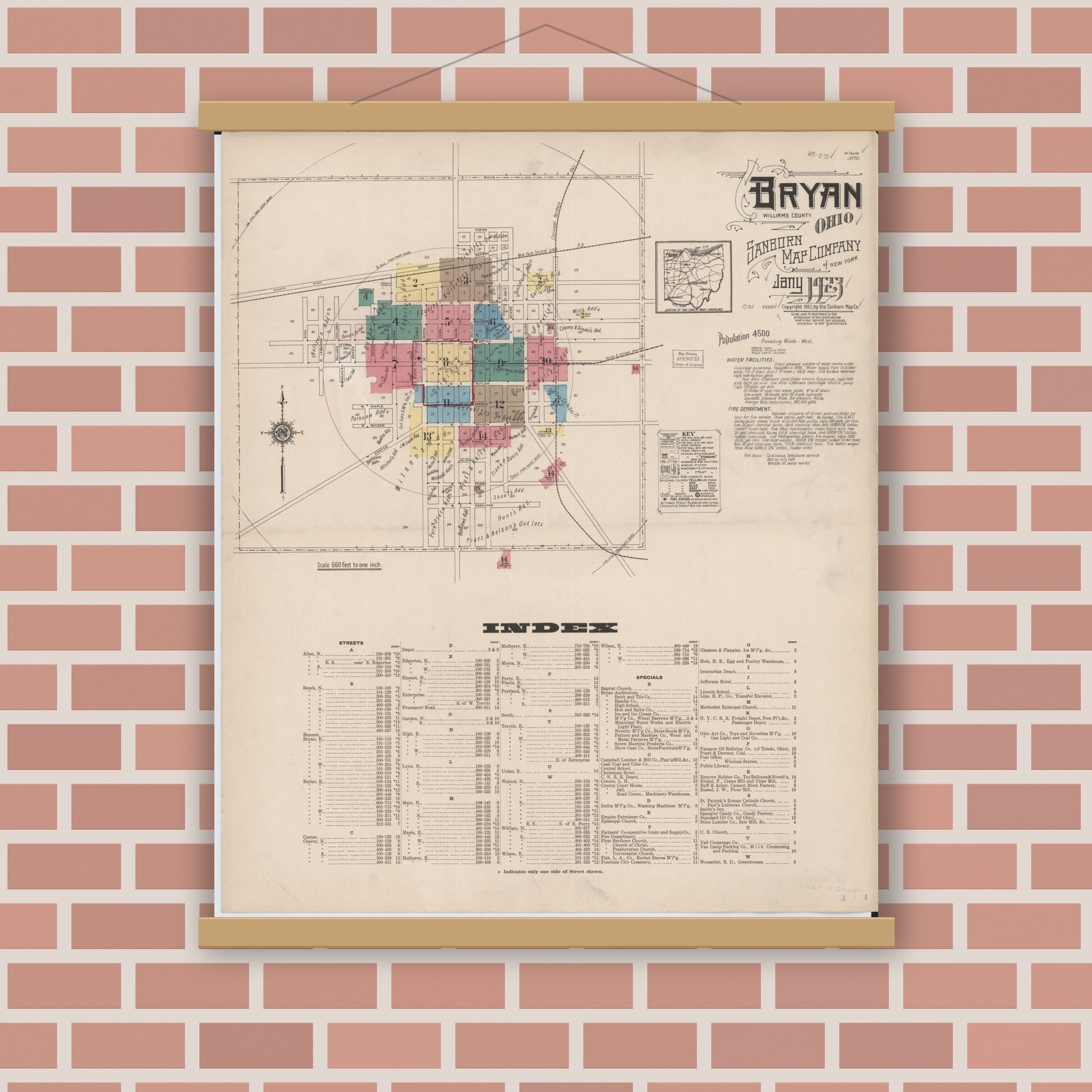 Old map wall art mockup — magnetic wood frame on brick wall — Sanborn Fire Insurance Map from Bryan, Williams County, Ohio (1923), Sheet #0001