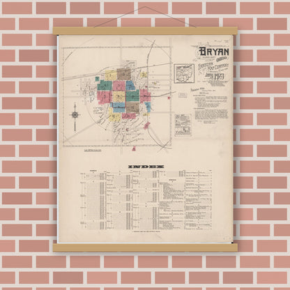 Old map wall art mockup — magnetic wood frame on brick wall — Sanborn Fire Insurance Map from Bryan, Williams County, Ohio (1923), Sheet #0001
