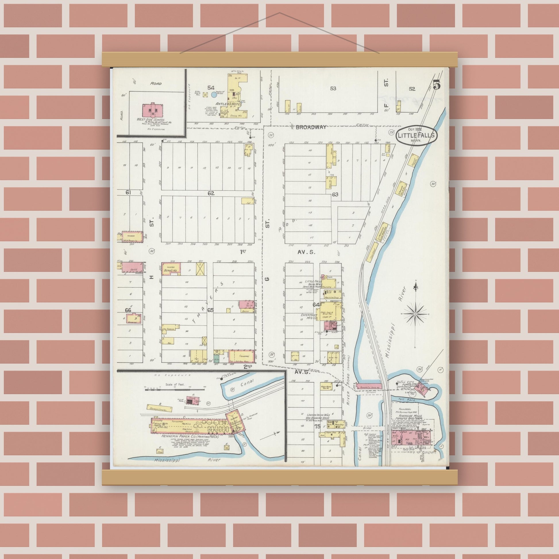 Old map wall art mockup — magnetic wood frame on brick wall — Sanborn Fire Insurance Map from Little Falls, Morrison County, Minnesota (1892), Sheet #0005