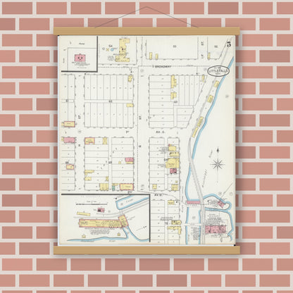 Old map wall art mockup — magnetic wood frame on brick wall — Sanborn Fire Insurance Map from Little Falls, Morrison County, Minnesota (1892), Sheet #0005