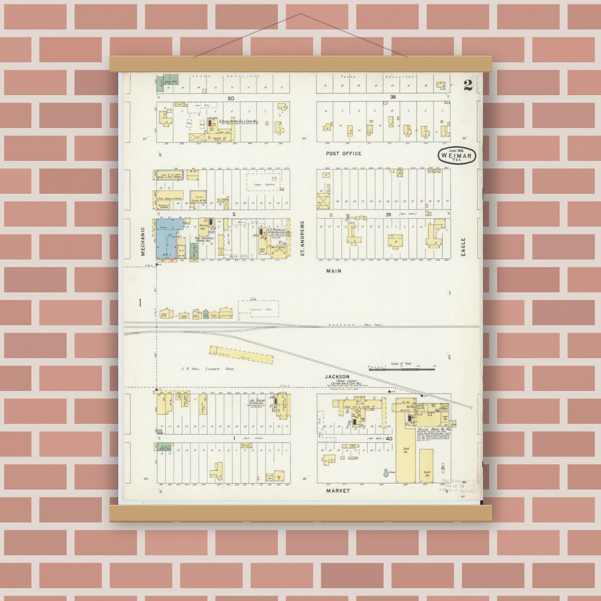 Old map wall art mockup — magnetic wood frame on brick wall — Sanborn Fire Insurance Map from Weimar, Colorado County, Texas (1896), Sheet #0002