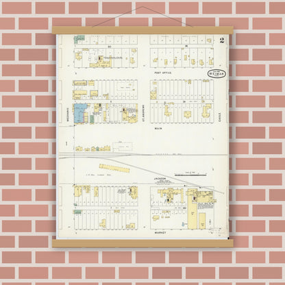 Old map wall art mockup — magnetic wood frame on brick wall — Sanborn Fire Insurance Map from Weimar, Colorado County, Texas (1896), Sheet #0002