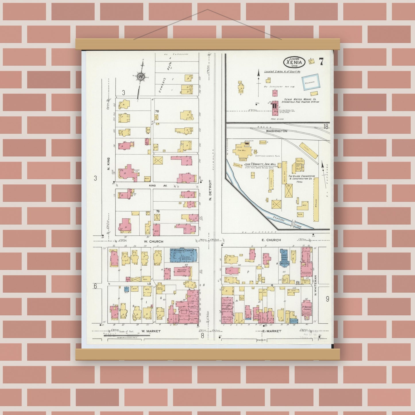 Old map wall art mockup — magnetic wood frame on brick wall — Sanborn Fire Insurance Map from Xenia, Greene County, Ohio (1919), Sheet #0007