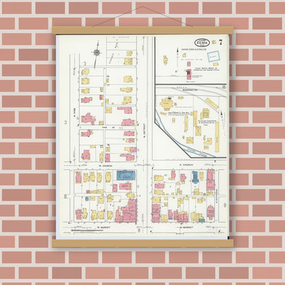 Old map wall art mockup — magnetic wood frame on brick wall — Sanborn Fire Insurance Map from Xenia, Greene County, Ohio (1919), Sheet #0007