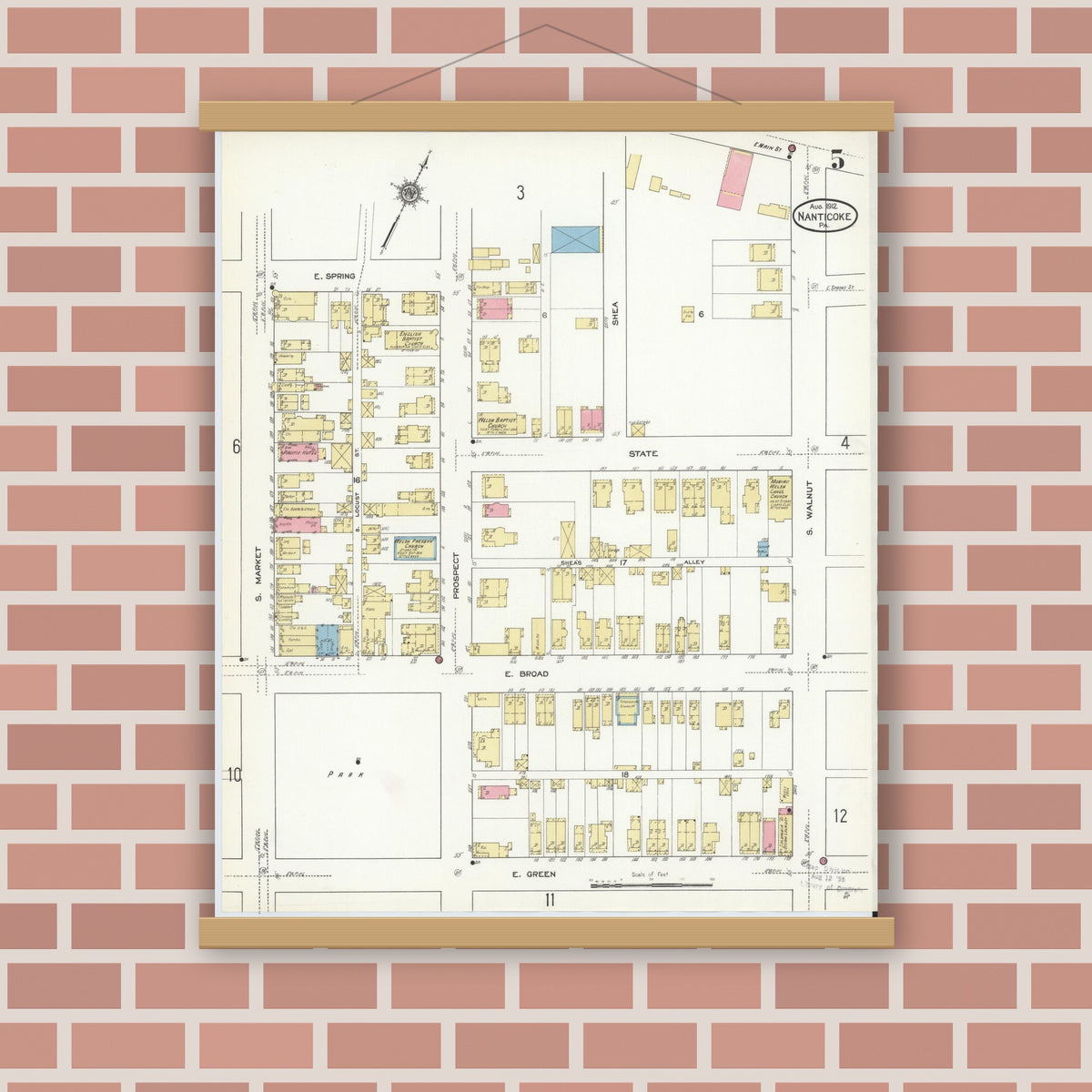 Old map wall art mockup — magnetic wood frame on brick wall — Sanborn Fire Insurance Map from Nanticoke, Luzerne County, Pennsylvania (1912), Sheet #0005