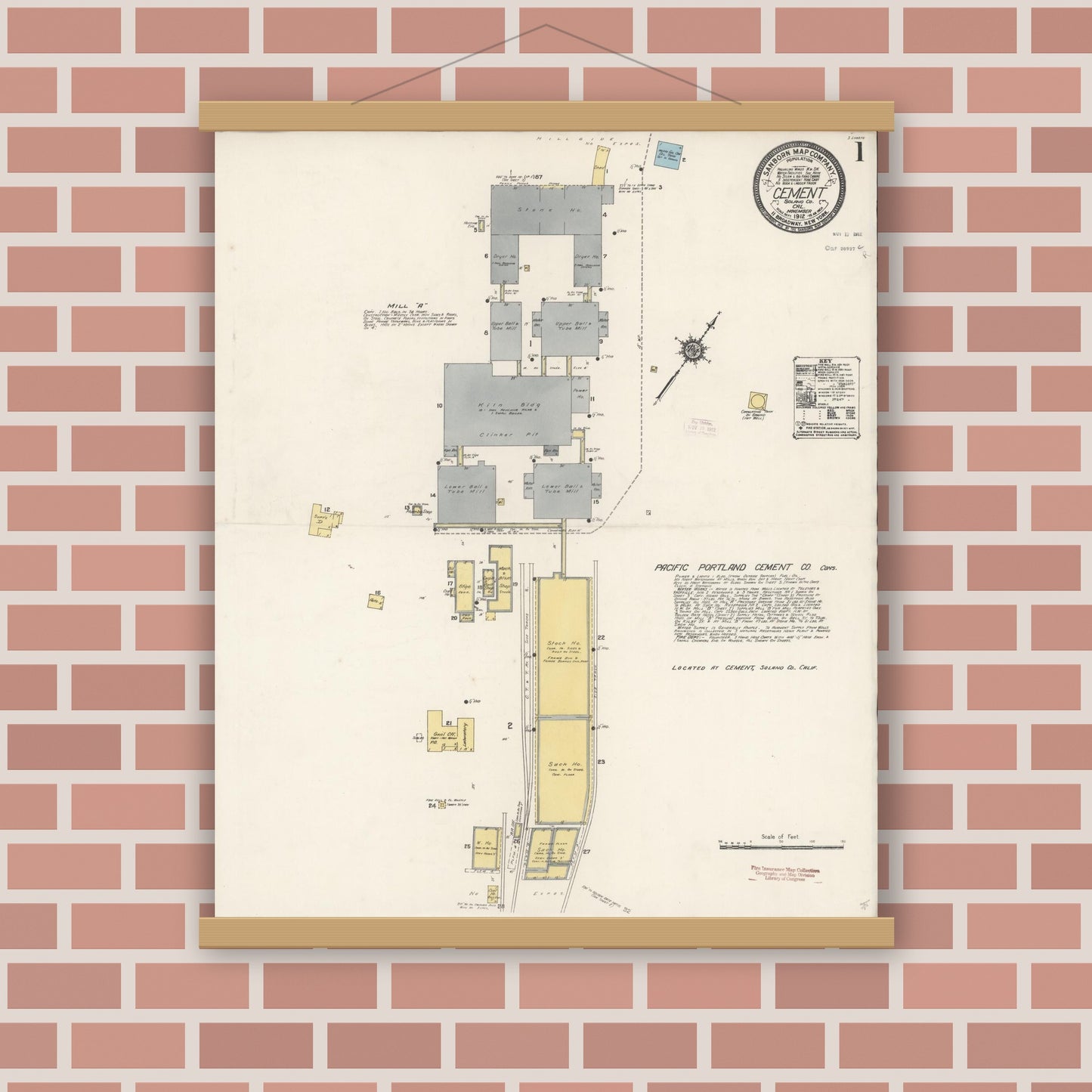 Old map wall art mockup — magnetic wood frame on brick wall — Sanborn Fire Insurance Map from Cement, Solano County, California (1912), Sheet #0001