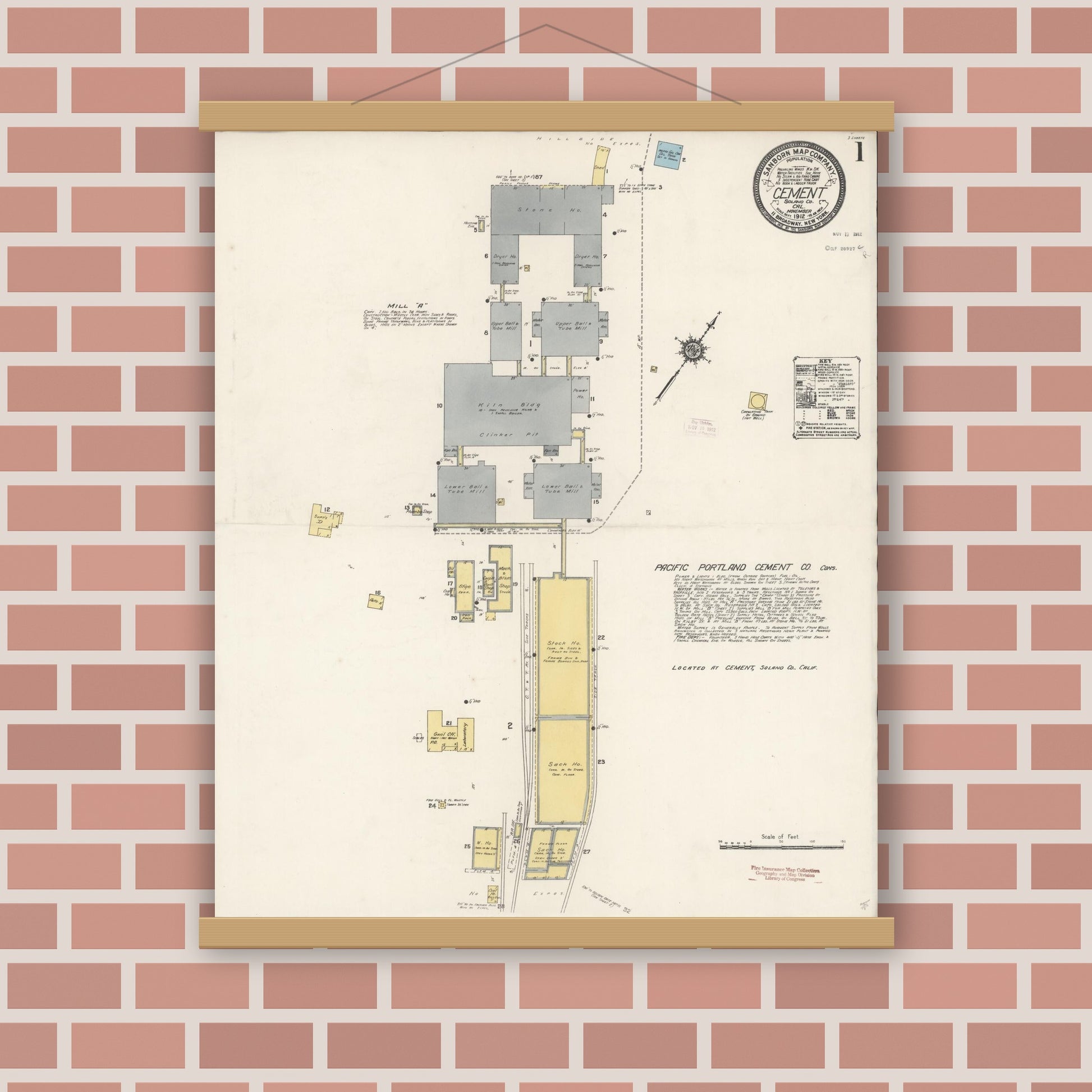 Old map wall art mockup — magnetic wood frame on brick wall — Sanborn Fire Insurance Map from Cement, Solano County, California (1912), Sheet #0001
