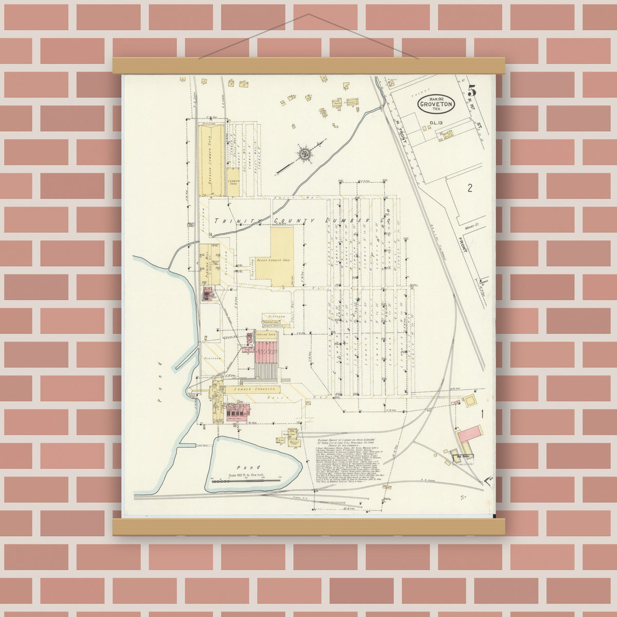 Old map wall art mockup — magnetic wood frame on brick wall — Sanborn Fire Insurance Map from Groveton, Trinity County, Texas (1912), Sheet #0005