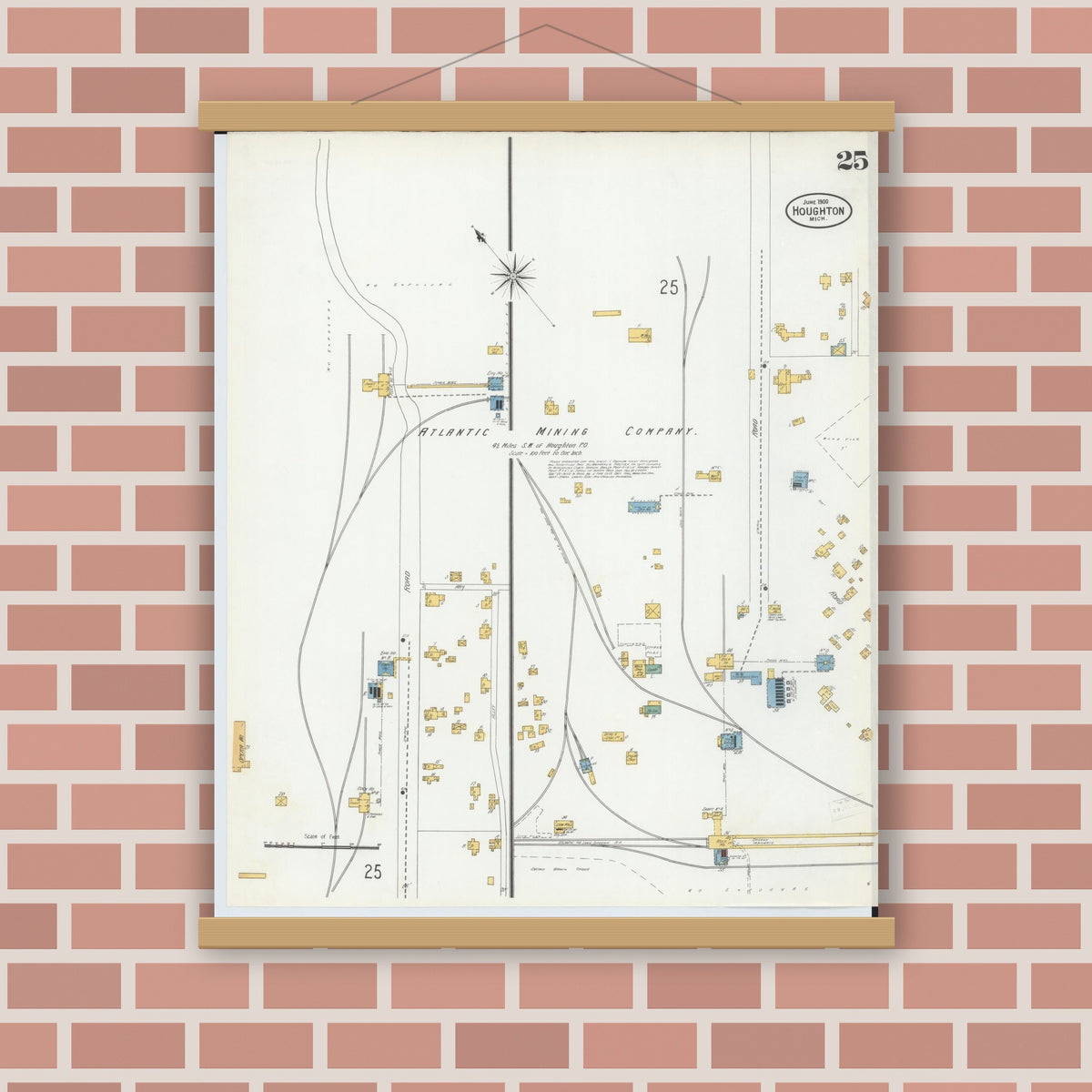 Old map wall art mockup — magnetic wood frame on brick wall — Sanborn Fire Insurance Map from Houghton, Houghton County, Michigan (1900), Sheet #0025