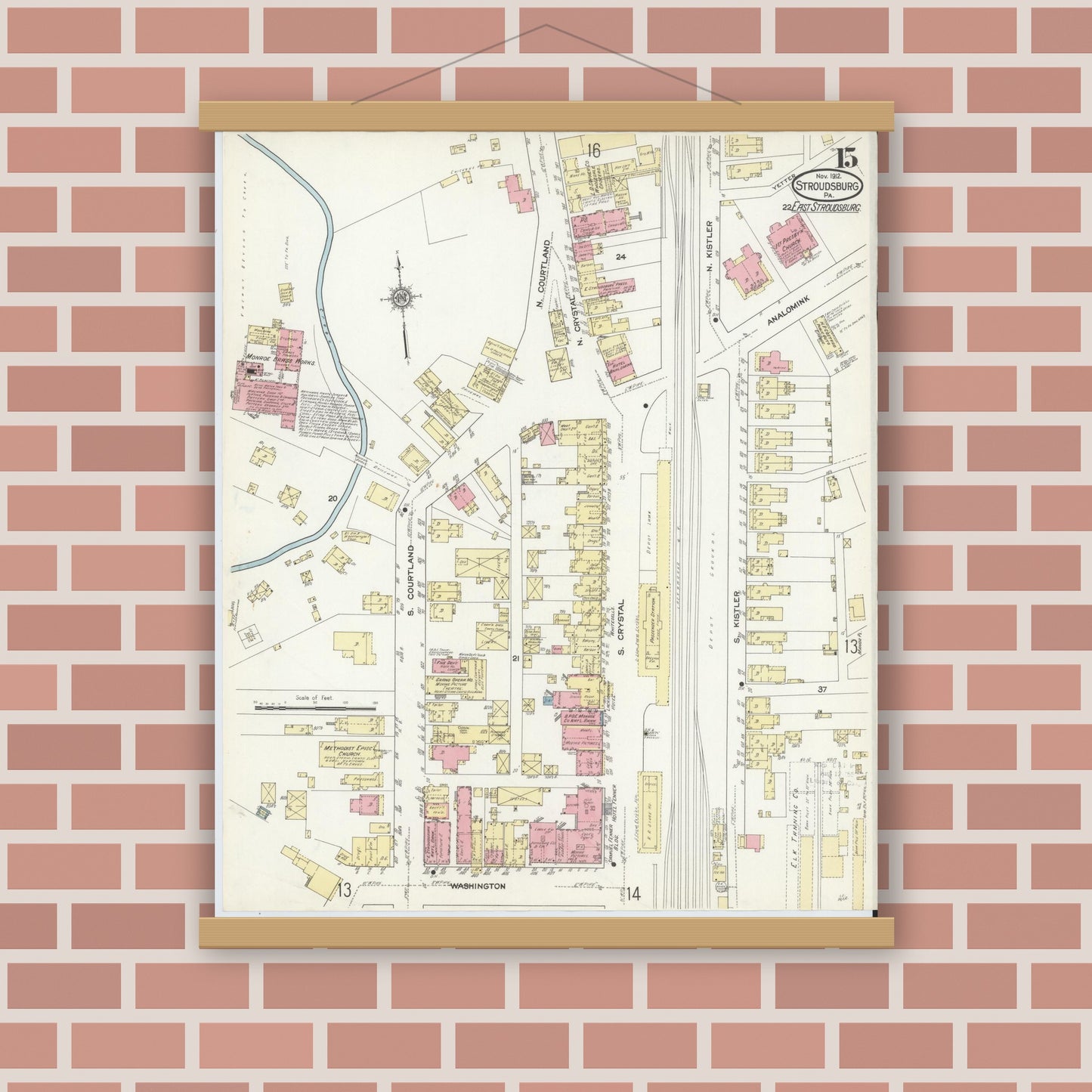 Old map wall art mockup — magnetic wood frame on brick wall — Sanborn Fire Insurance Map from Stroudsburg, Monroe County, Pennsylvania (1912), Sheet #0015
