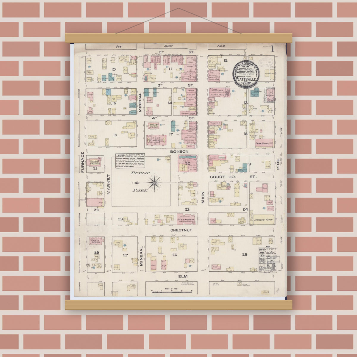 Old map wall art mockup — magnetic wood frame on brick wall — Sanborn Fire Insurance Map from Platteville, Grant County, Wisconsin (1884) - Complete Map Set