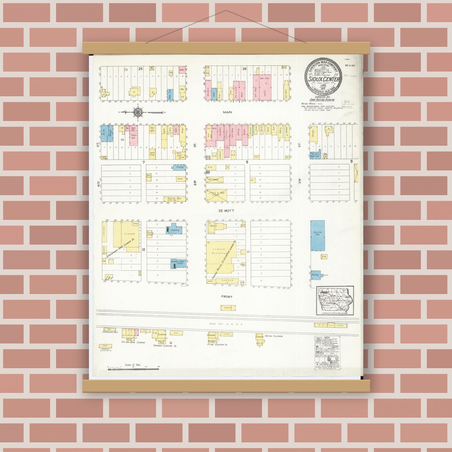 Old map wall art mockup — magnetic wood frame on brick wall — Sanborn Fire Insurance Map from Sioux Center, Sioux County, Iowa (1917), Sheet #0001