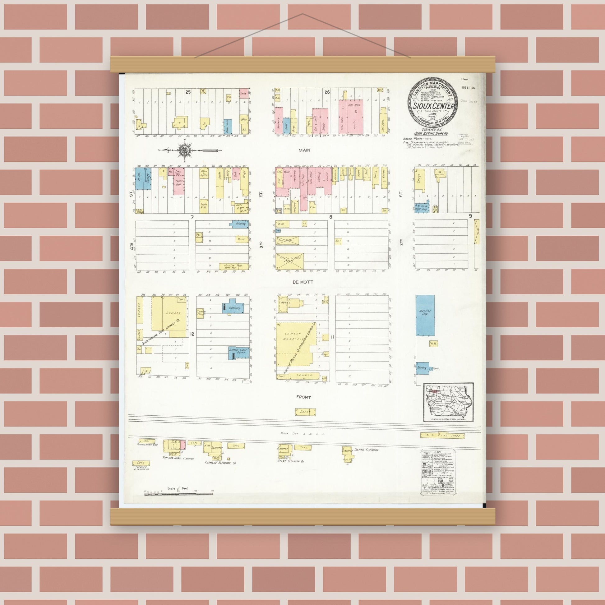 Old map wall art mockup — magnetic wood frame on brick wall — Sanborn Fire Insurance Map from Sioux Center, Sioux County, Iowa (1917), Sheet #0001