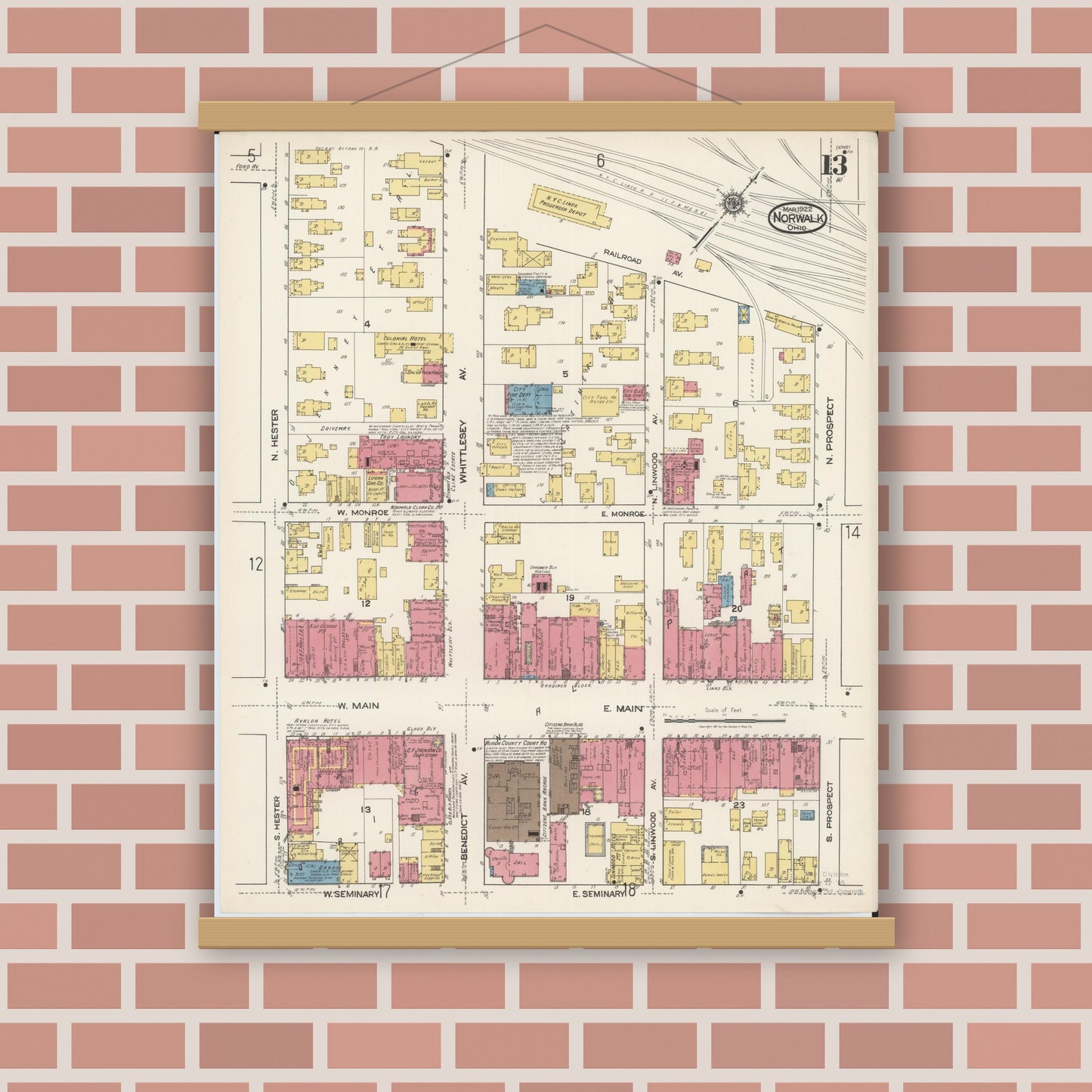 Old map wall art mockup — magnetic wood frame on brick wall — Sanborn Fire Insurance Map from Norwalk, Huron County, Ohio (1922), Sheet #0013