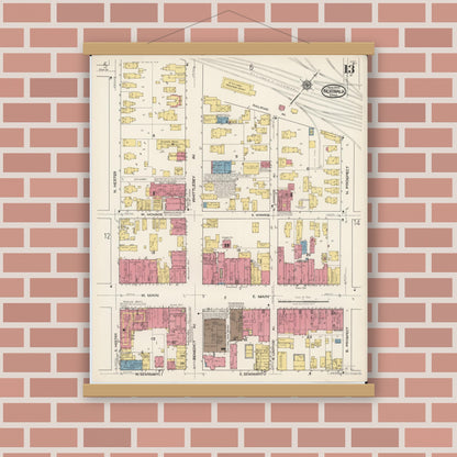 Old map wall art mockup — magnetic wood frame on brick wall — Sanborn Fire Insurance Map from Norwalk, Huron County, Ohio (1922), Sheet #0013