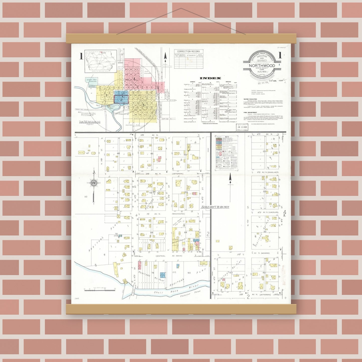 Old map wall art mockup — magnetic wood frame on brick wall — Sanborn Fire Insurance Map from Northwood, Worth County, Iowa (1935), Sheet #0001