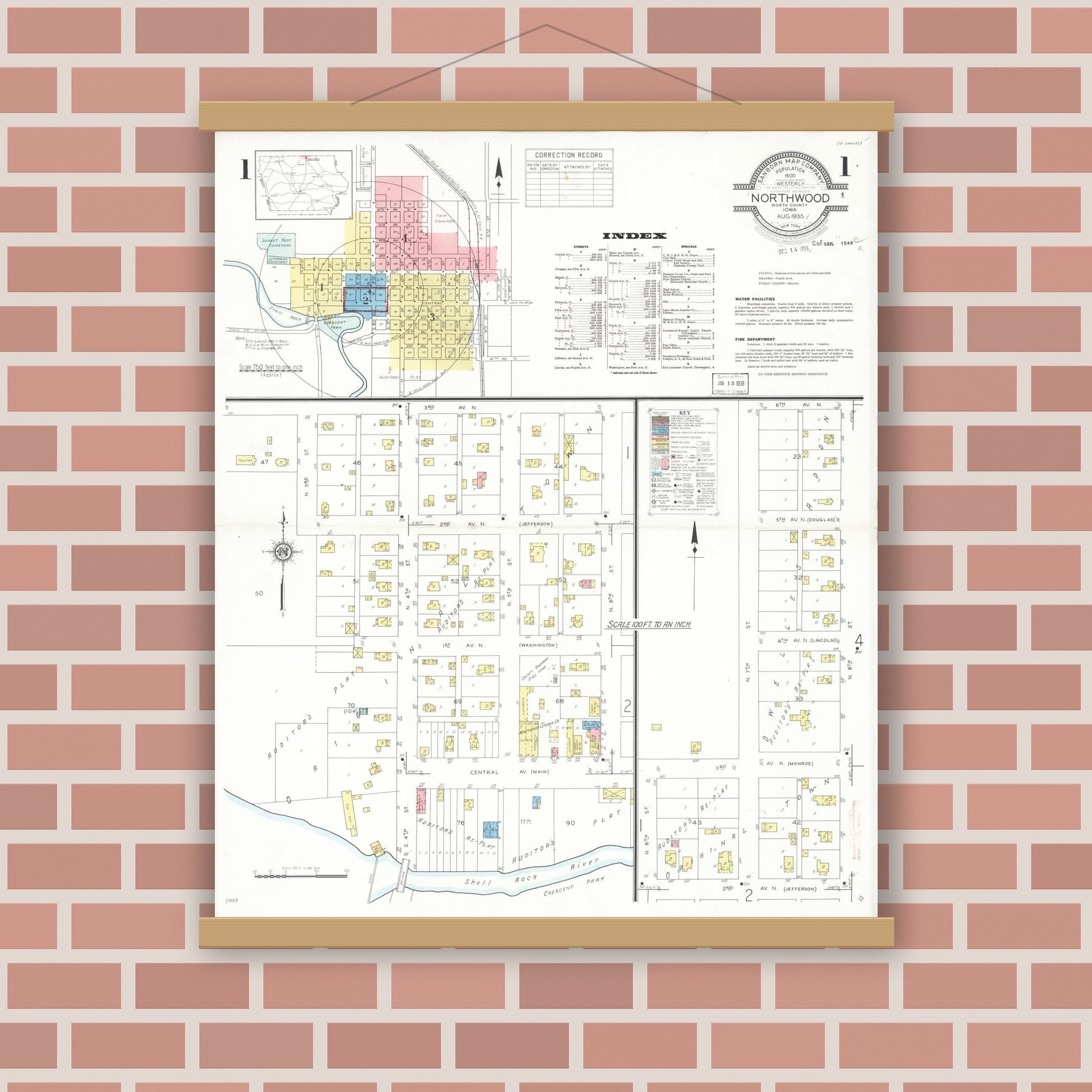 Old map wall art mockup — magnetic wood frame on brick wall — Sanborn Fire Insurance Map from Northwood, Worth County, Iowa (1935), Sheet #0001