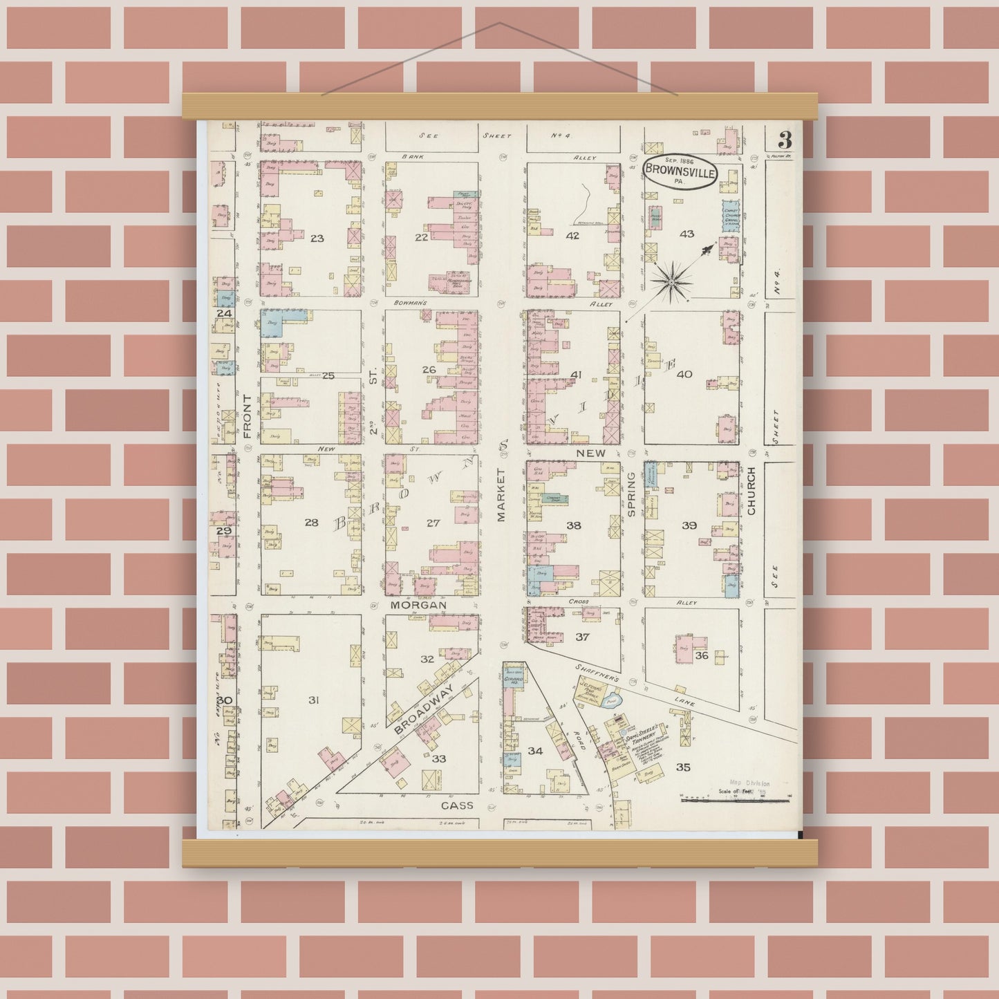Old map wall art mockup — magnetic wood frame on brick wall — Sanborn Fire Insurance Map from Brownsville, Fayette County, Pennsylvania (1886), Sheet #0003
