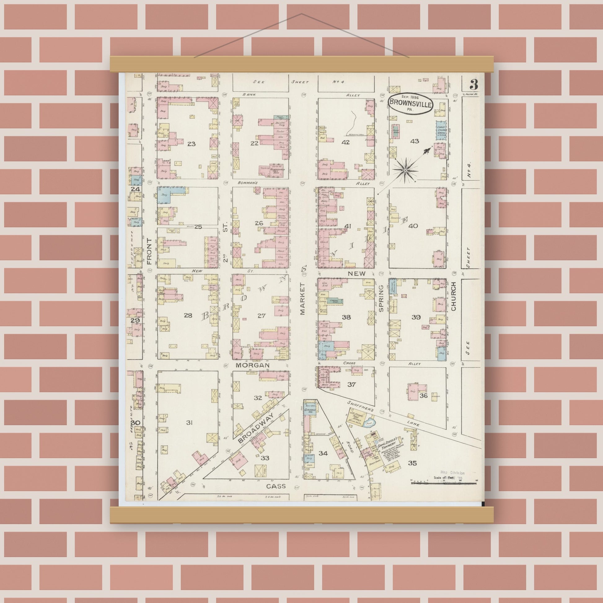 Old map wall art mockup — magnetic wood frame on brick wall — Sanborn Fire Insurance Map from Brownsville, Fayette County, Pennsylvania (1886), Sheet #0003