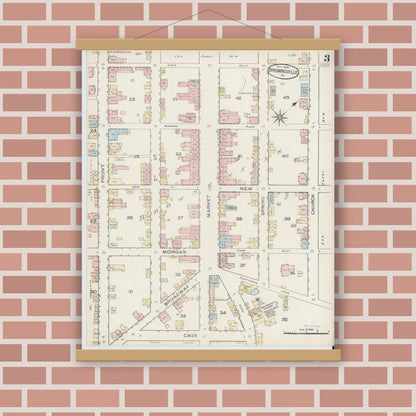 Old map wall art mockup — magnetic wood frame on brick wall — Sanborn Fire Insurance Map from Brownsville, Fayette County, Pennsylvania (1886), Sheet #0003