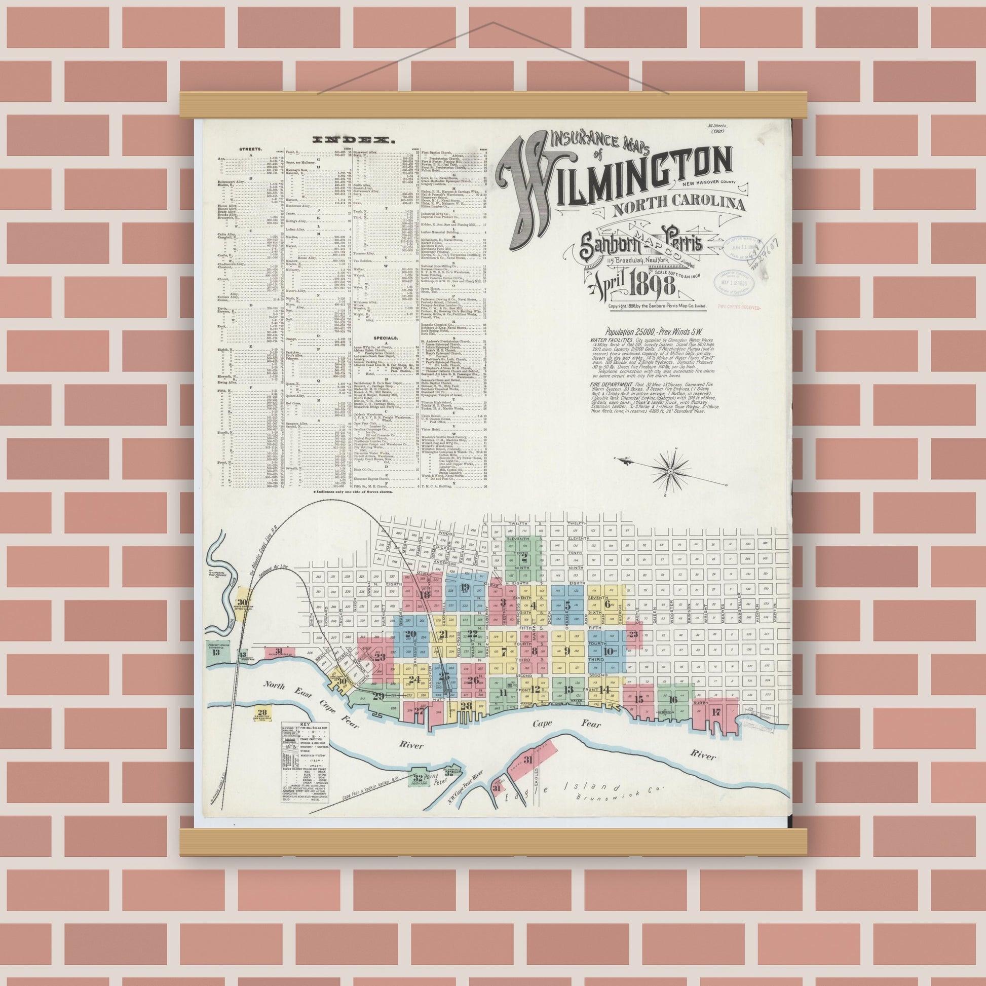 Old map wall art mockup — magnetic wood frame on brick wall — Sanborn Fire Insurance Map from Wilmington, New Hanover County, North Carolina (1898) - Complete Map Set