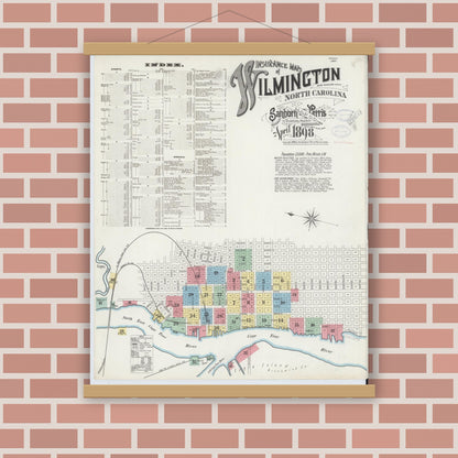 Old map wall art mockup — magnetic wood frame on brick wall — Sanborn Fire Insurance Map from Wilmington, New Hanover County, North Carolina (1898) - Complete Map Set