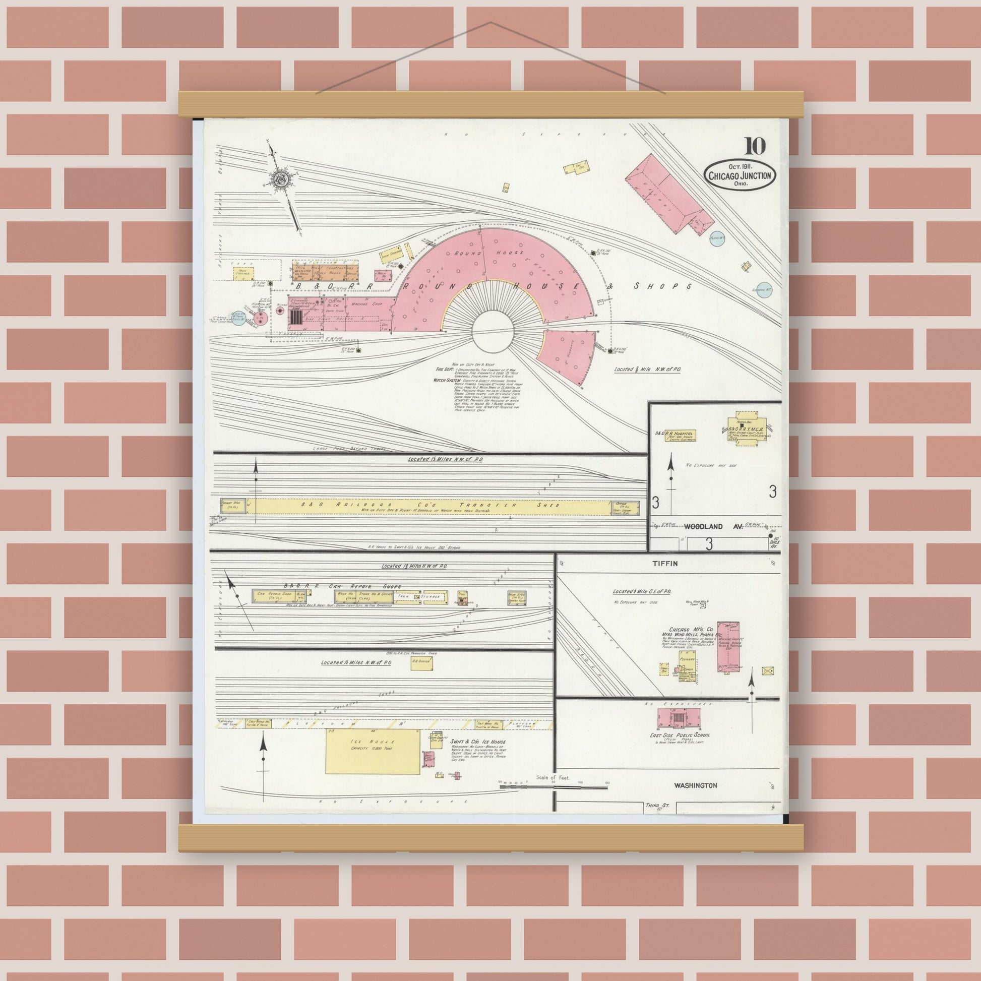 Old map wall art mockup — magnetic wood frame on brick wall — Sanborn Fire Insurance Map from Chicago Junction, Huron County, Ohio (1911), Sheet #0010
