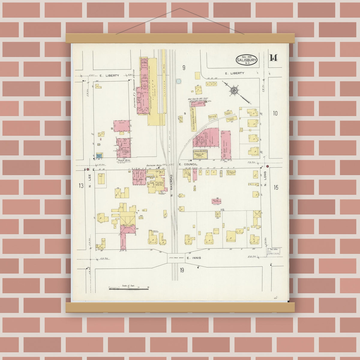 Old map wall art mockup — magnetic wood frame on brick wall — Sanborn Fire Insurance Map from Salisbury, Rowan County, North Carolina (1913), Sheet #0014
