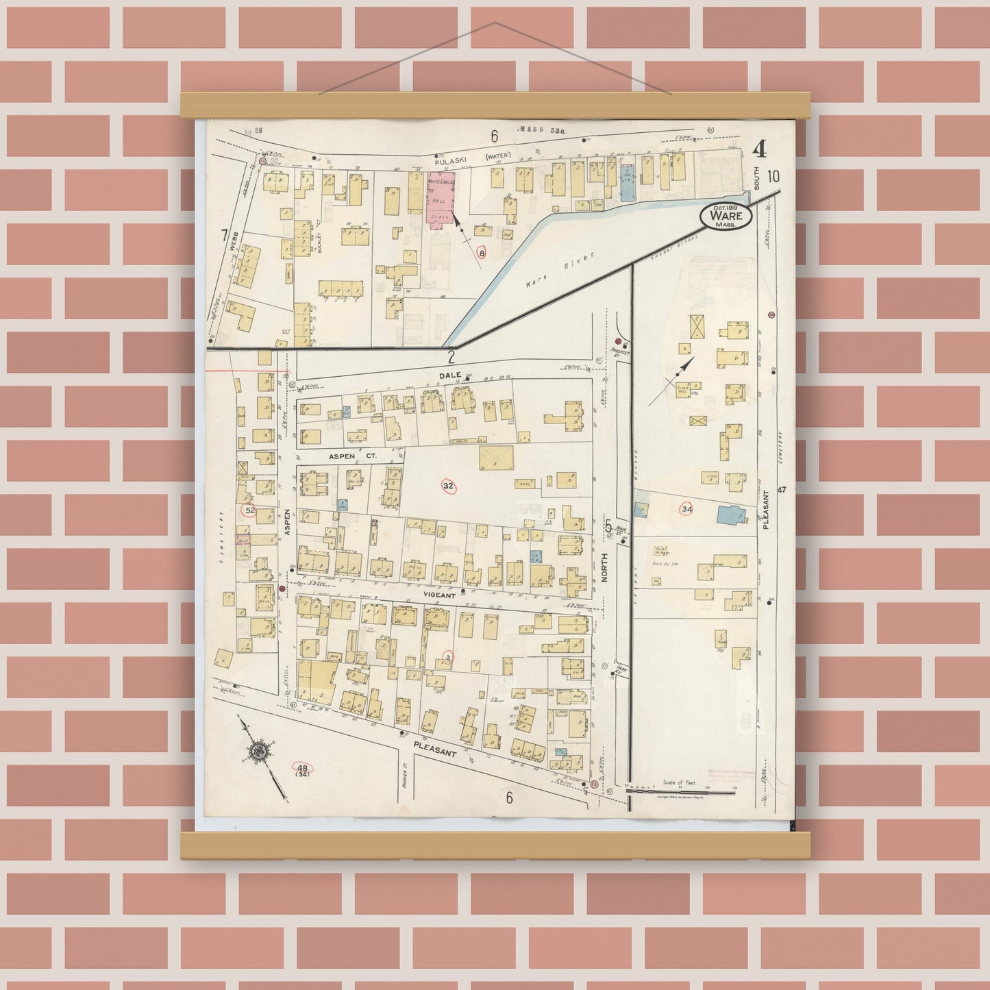 Old map wall art mockup — magnetic wood frame on brick wall — Sanborn Fire Insurance Map from Ware, Hampshire County, Massachusetts (1946), Sheet #0004
