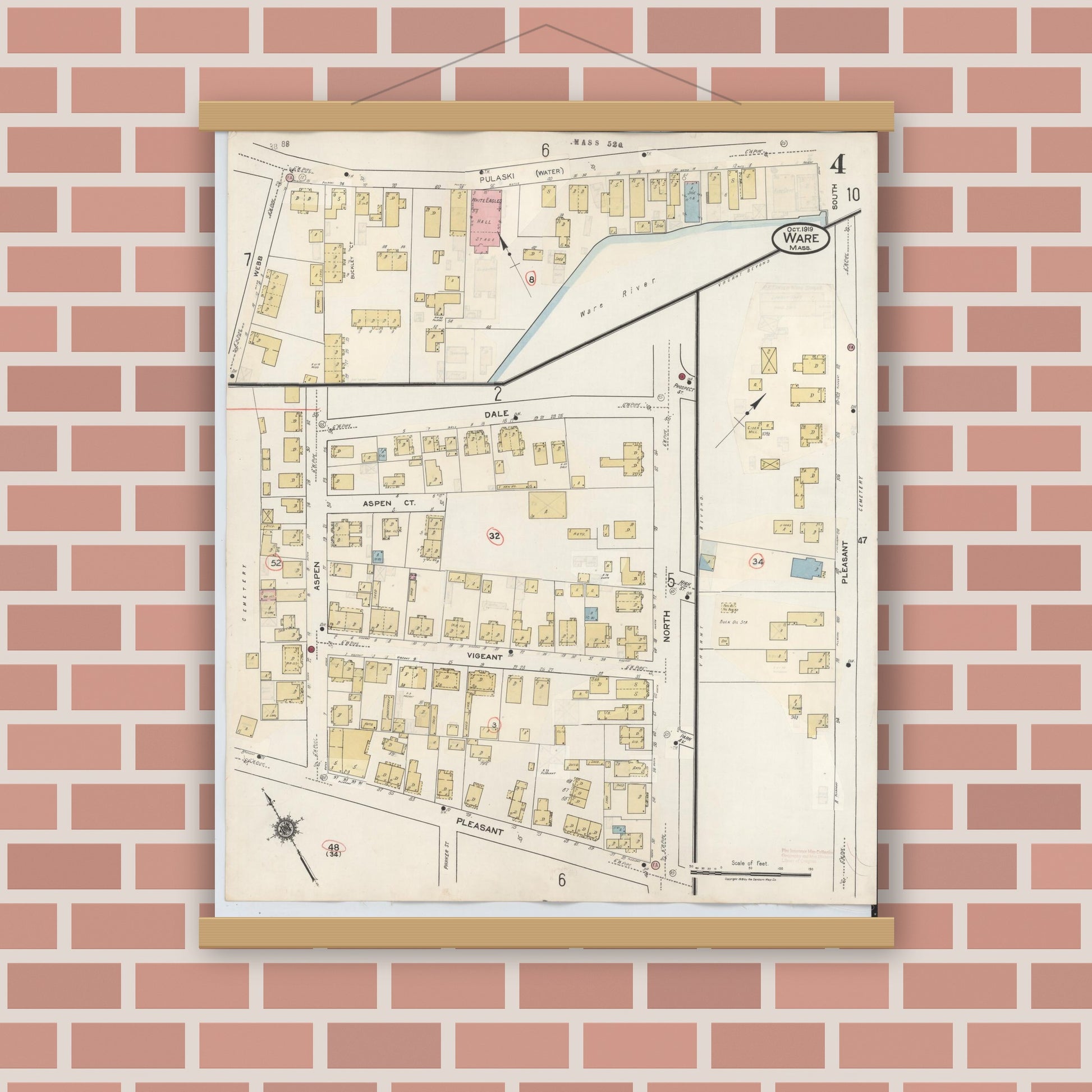 Old map wall art mockup — magnetic wood frame on brick wall — Sanborn Fire Insurance Map from Ware, Hampshire County, Massachusetts (1946), Sheet #0004