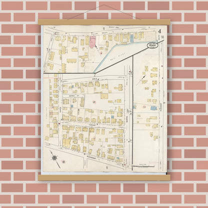 Old map wall art mockup — magnetic wood frame on brick wall — Sanborn Fire Insurance Map from Ware, Hampshire County, Massachusetts (1946), Sheet #0004