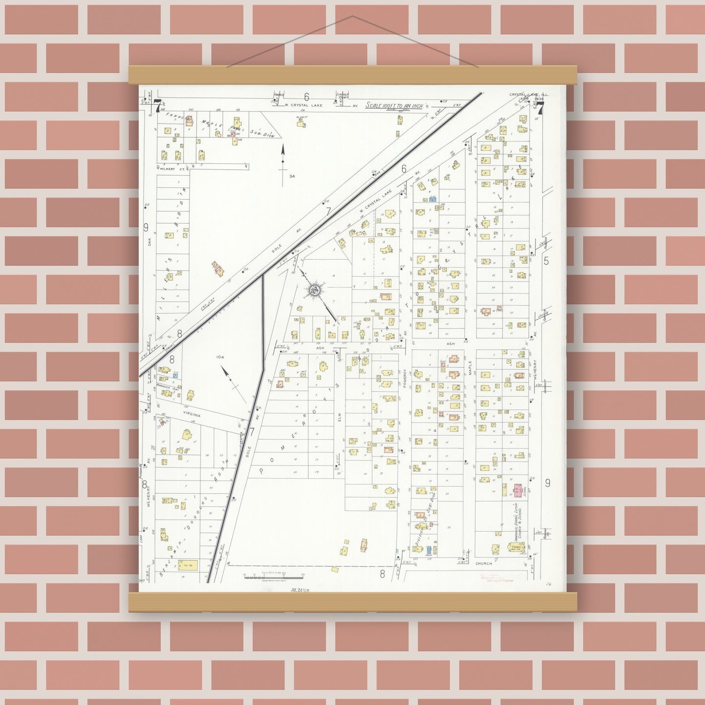 Old map wall art mockup — magnetic wood frame on brick wall — Sanborn Fire Insurance Map from Crystal Lake, McHenry County, Illinois (1936), Sheet #0007