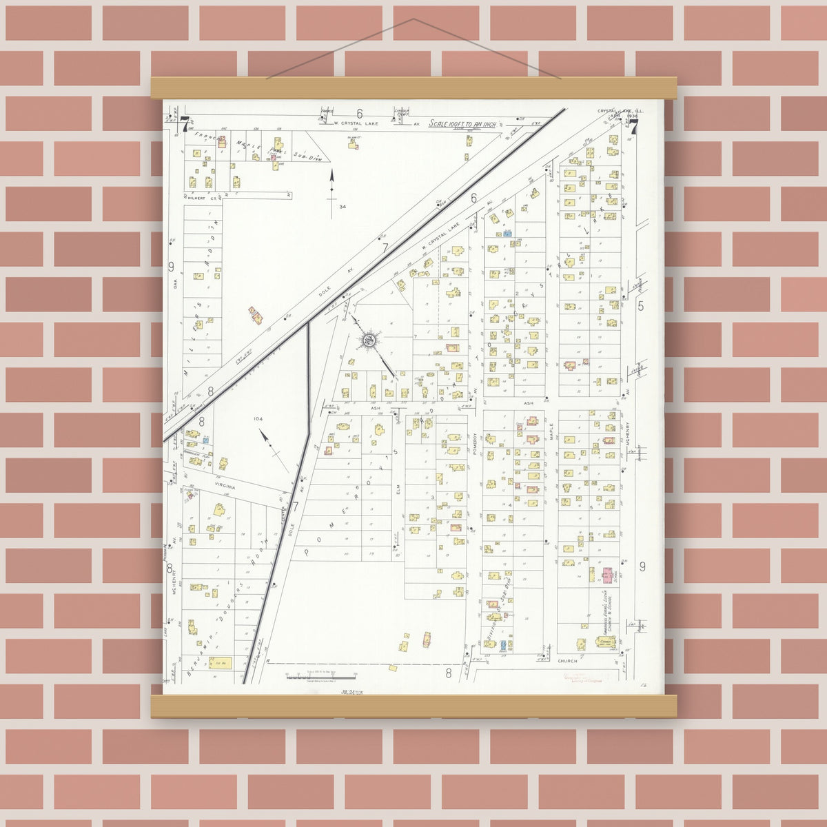 Old map wall art mockup — magnetic wood frame on brick wall — Sanborn Fire Insurance Map from Crystal Lake, McHenry County, Illinois (1936), Sheet #0007