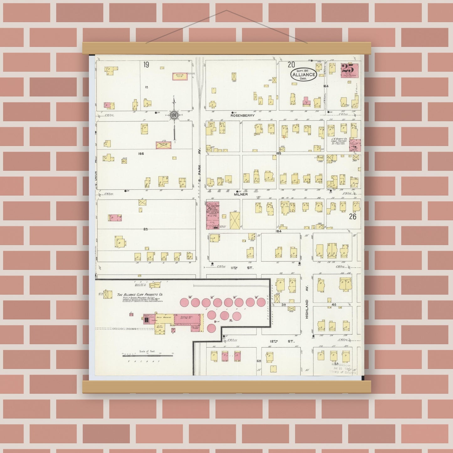 Old map wall art mockup — magnetic wood frame on brick wall — Sanborn Fire Insurance Map from Alliance, Stark County, Ohio (1911), Sheet #0025