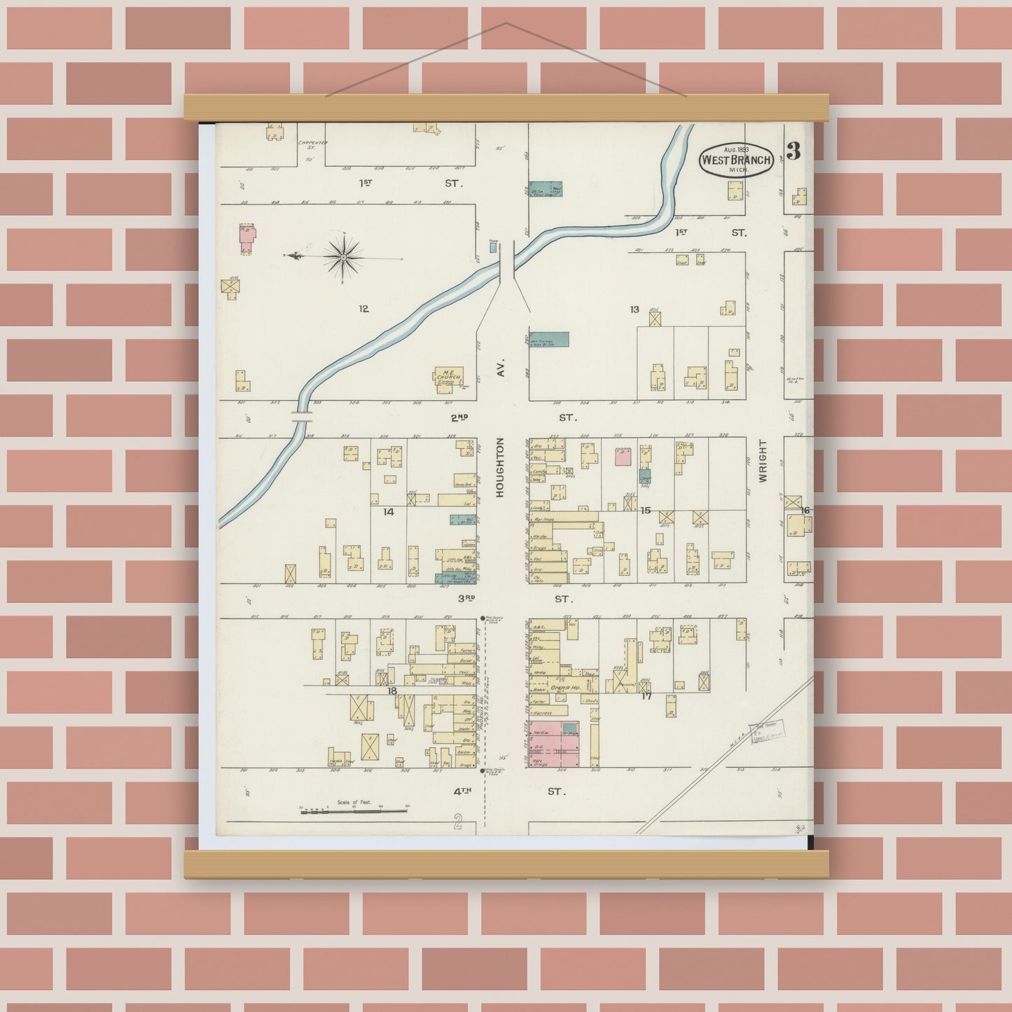Old map wall art mockup — magnetic wood frame on brick wall — Sanborn Fire Insurance Map from West Branch, Ogemaw County, Michigan (1893), Sheet #0003