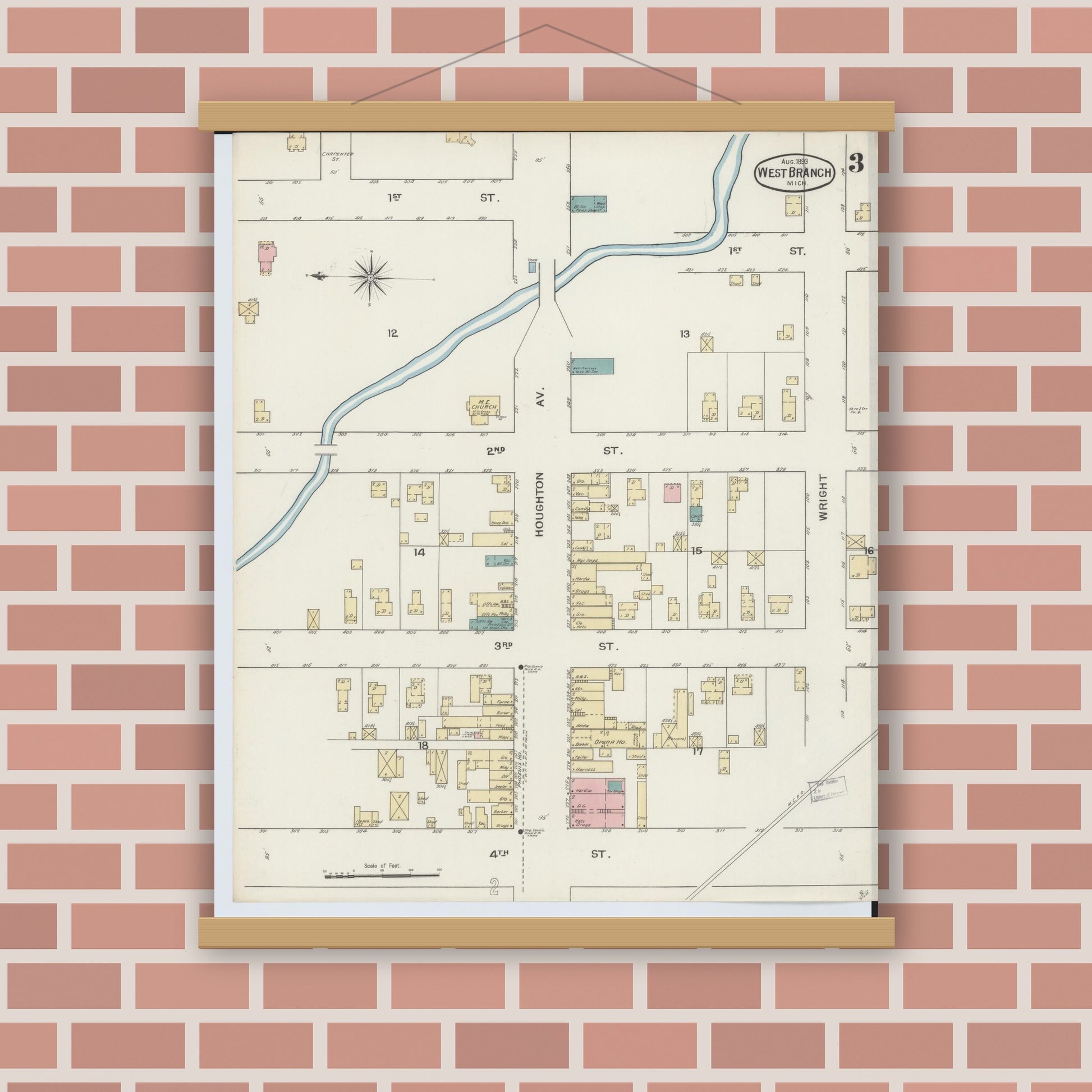 Old map wall art mockup — magnetic wood frame on brick wall — Sanborn Fire Insurance Map from West Branch, Ogemaw County, Michigan (1893), Sheet #0003