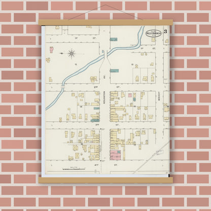 Old map wall art mockup — magnetic wood frame on brick wall — Sanborn Fire Insurance Map from West Branch, Ogemaw County, Michigan (1893), Sheet #0003