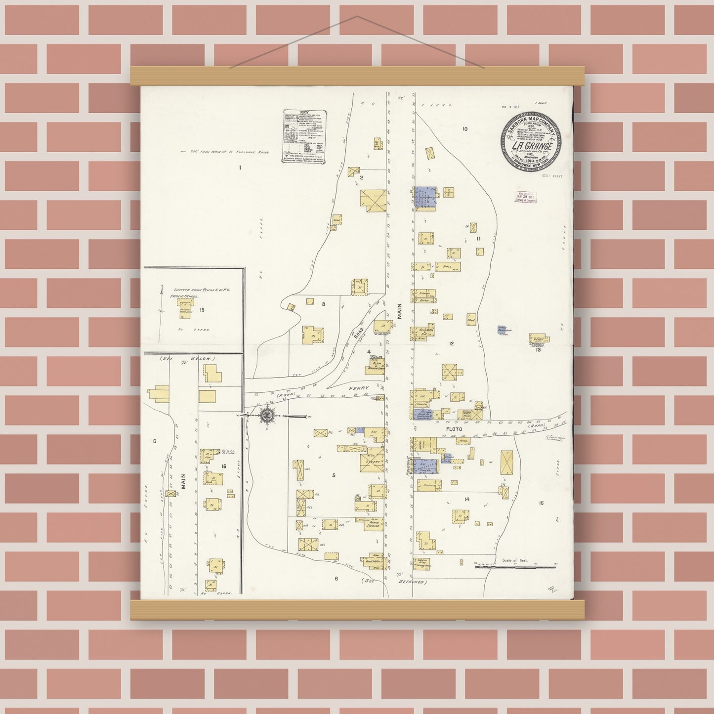 Old map wall art mockup — magnetic wood frame on brick wall — Sanborn Fire Insurance Map from La Grange, Stanislaus County, California (1910), Sheet #0001
