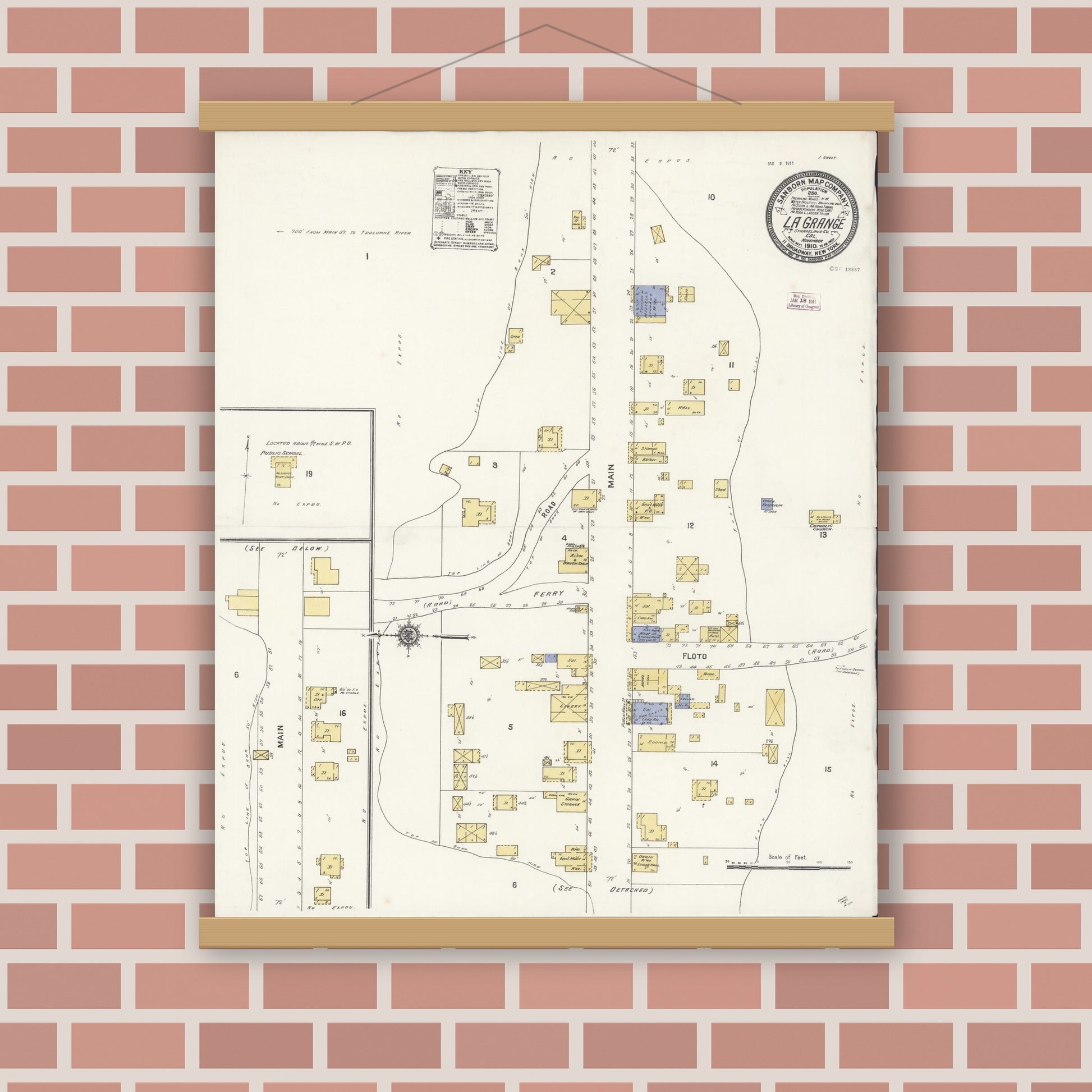 Old map wall art mockup — magnetic wood frame on brick wall — Sanborn Fire Insurance Map from La Grange, Stanislaus County, California (1910), Sheet #0001