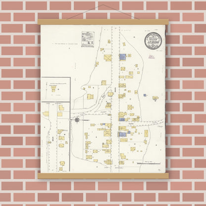 Old map wall art mockup — magnetic wood frame on brick wall — Sanborn Fire Insurance Map from La Grange, Stanislaus County, California (1910), Sheet #0001
