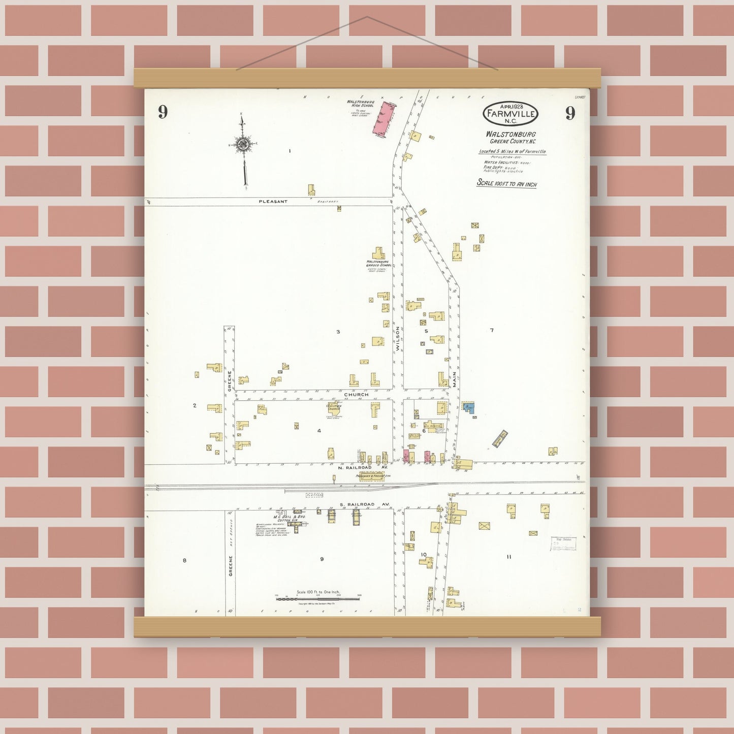 Old map wall art mockup — magnetic wood frame on brick wall — Sanborn Fire Insurance Map from Farmville, Pitt County, North Carolina (1923), Sheet #0009