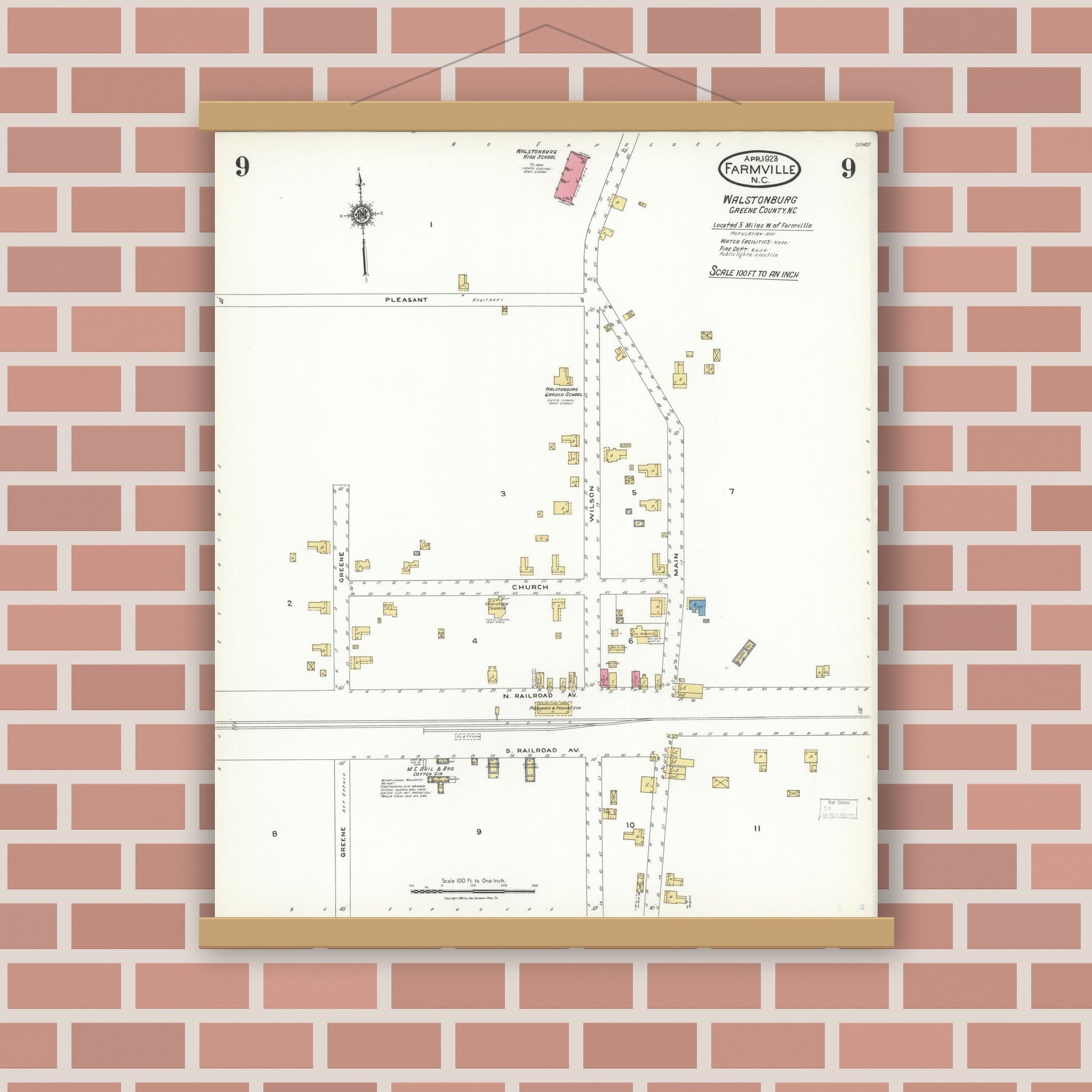 Old map wall art mockup — magnetic wood frame on brick wall — Sanborn Fire Insurance Map from Farmville, Pitt County, North Carolina (1923), Sheet #0009
