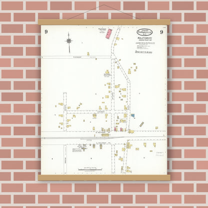 Old map wall art mockup — magnetic wood frame on brick wall — Sanborn Fire Insurance Map from Farmville, Pitt County, North Carolina (1923), Sheet #0009