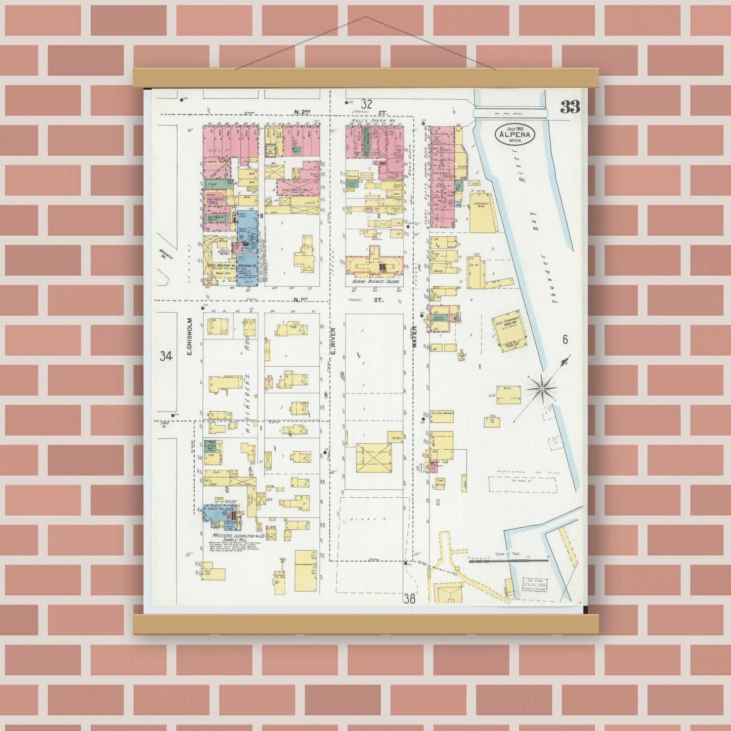 Old map wall art mockup — magnetic wood frame on brick wall — Sanborn Fire Insurance Map from Alpena, Alpena County, Michigan (1901), Sheet #0033