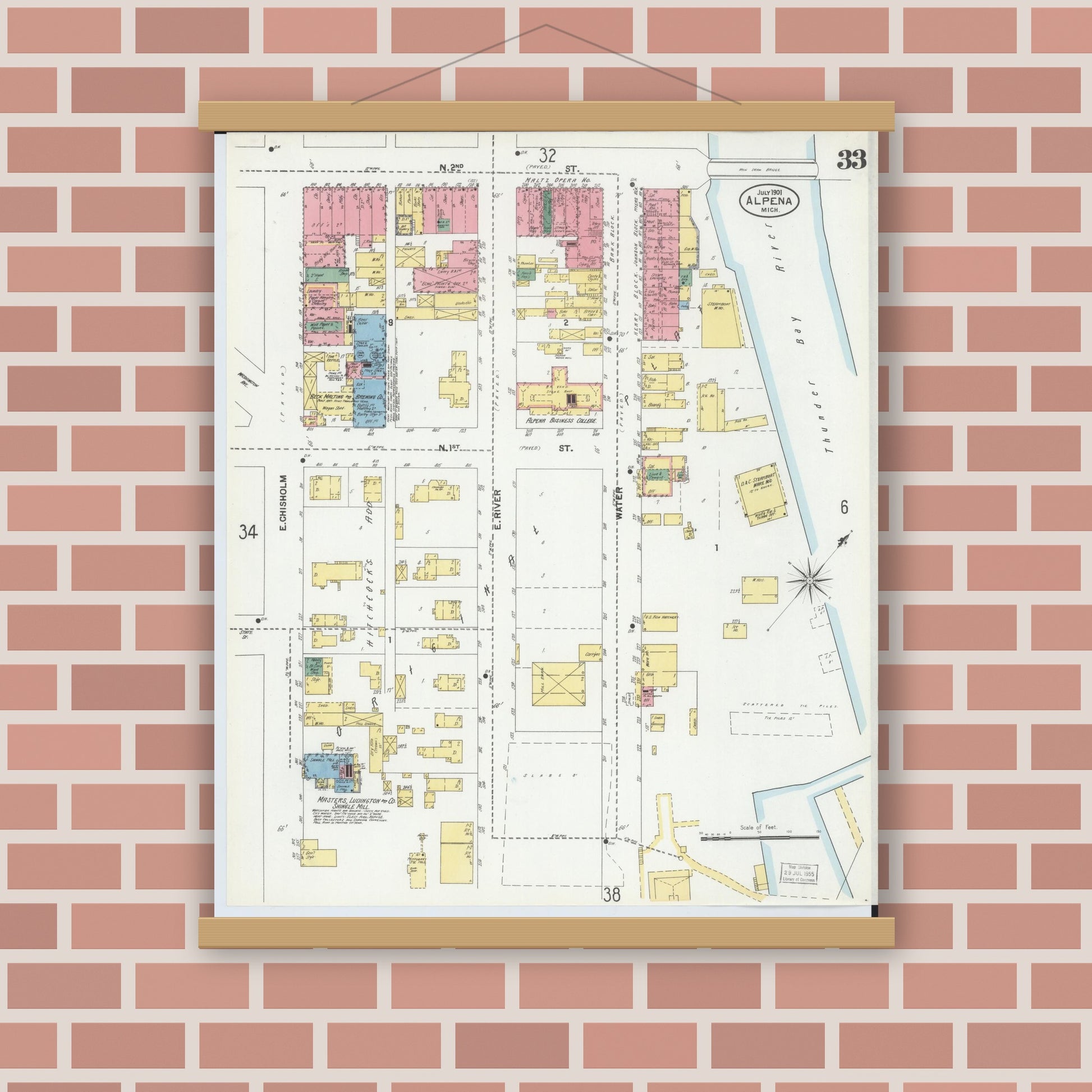Old map wall art mockup — magnetic wood frame on brick wall — Sanborn Fire Insurance Map from Alpena, Alpena County, Michigan (1901), Sheet #0033
