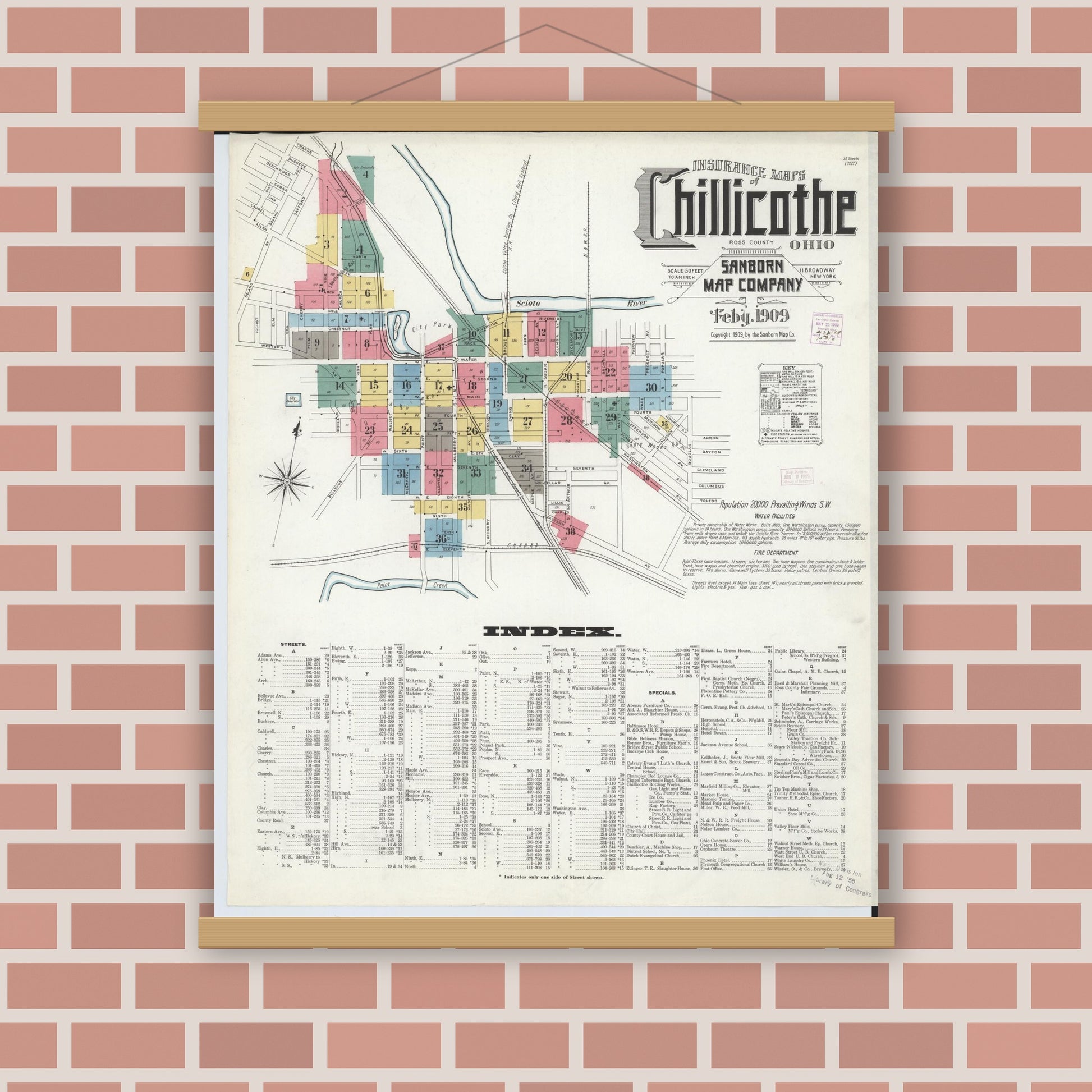 Old map wall art mockup — magnetic wood frame on brick wall — Sanborn Fire Insurance Map from Chillicothe, Ross County, Ohio (1909) - Complete Map Set