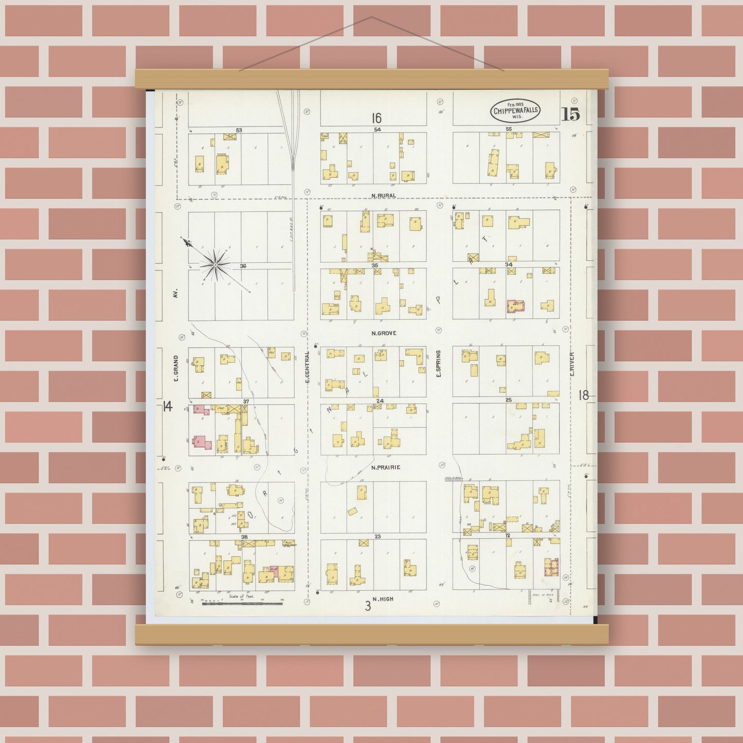 Old map wall art mockup — magnetic wood frame on brick wall — Sanborn Fire Insurance Map from Chippewa Falls, Chippewa County, Wisconsin (1903), Sheet #0015