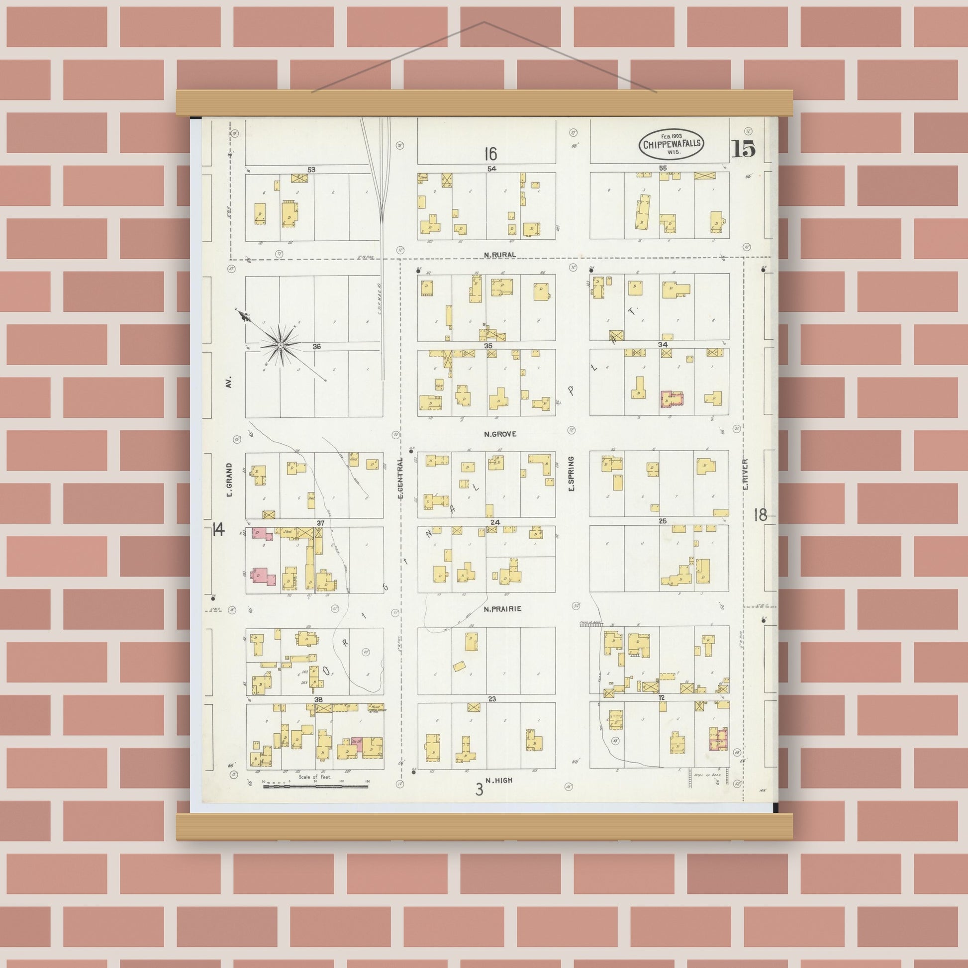 Old map wall art mockup — magnetic wood frame on brick wall — Sanborn Fire Insurance Map from Chippewa Falls, Chippewa County, Wisconsin (1903), Sheet #0015